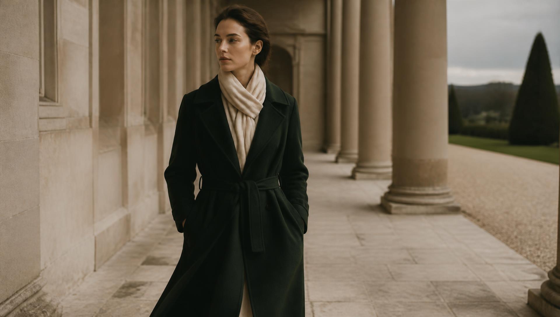 A woman in a deep green wool overcoat and cream cashmere scarf walking through an estate colonnade