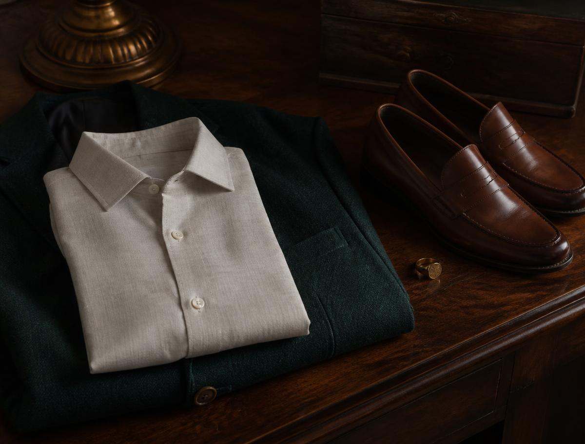 Cream linen shirt, dark green wool blazer, leather loafers and a signet ring on a walnut table